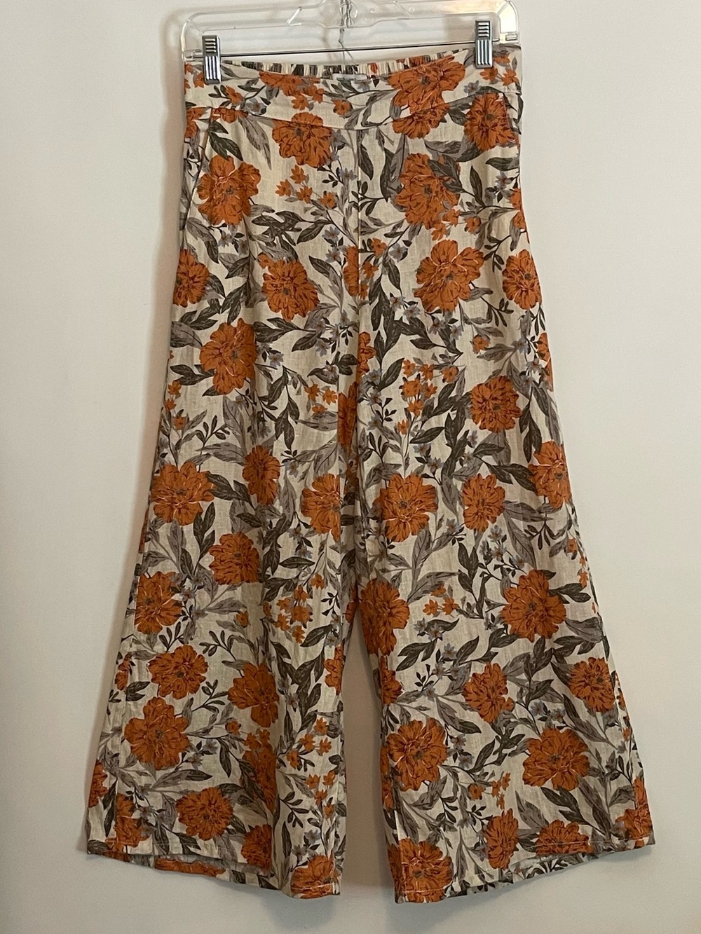 Haute Hippie Orange Floral Linen High Waist Wide Leg Pants size small